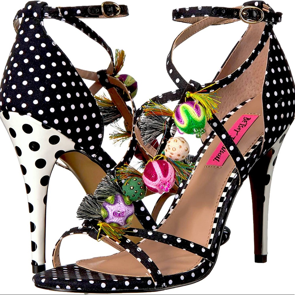 Betsey Johnson Strappy Polka Dot Heels with Decorative Colorful Baubles (Size:7)
